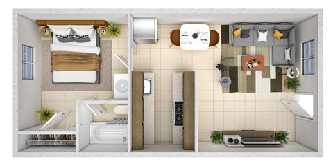a layout of a bedroom with a bathroom and a living room